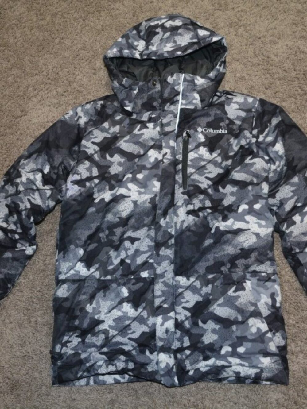 Columbia Youth Winter Jacket – Size M (10/12) – Grey/Black Camouflage – Hooded